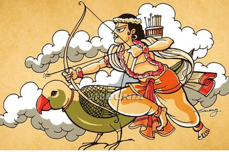 kamadeva riding on his bird consort amongst clouds